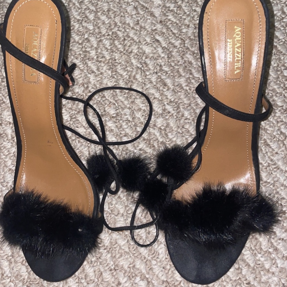 Aquazurra Pom Pom Sandal Heels with REAL fur